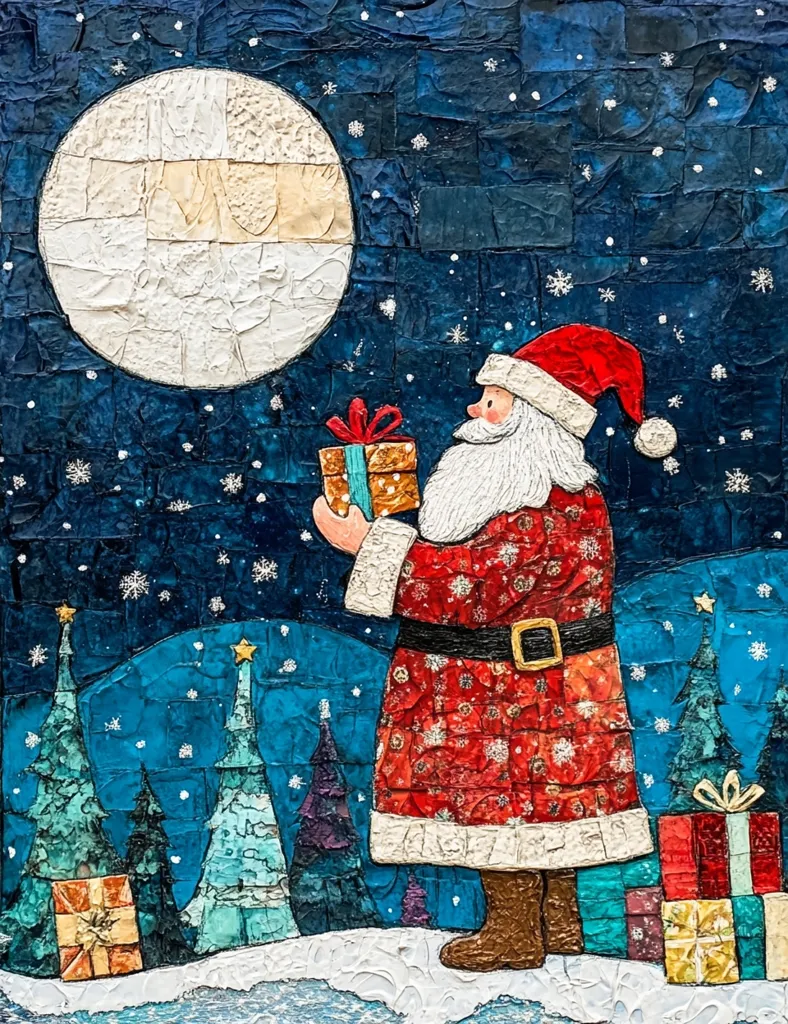 A stylized Santa Claus stands in front of a large, white, textured moon, holding a wrapped gift.  He wears a traditional red suit with white trim and black belt.  The background is a blue mosaic with white snowflakes, and several stylized evergreen trees in the foreground.  The scene is illuminated by a soft, white light, creating a magical, wintery atmosphere.