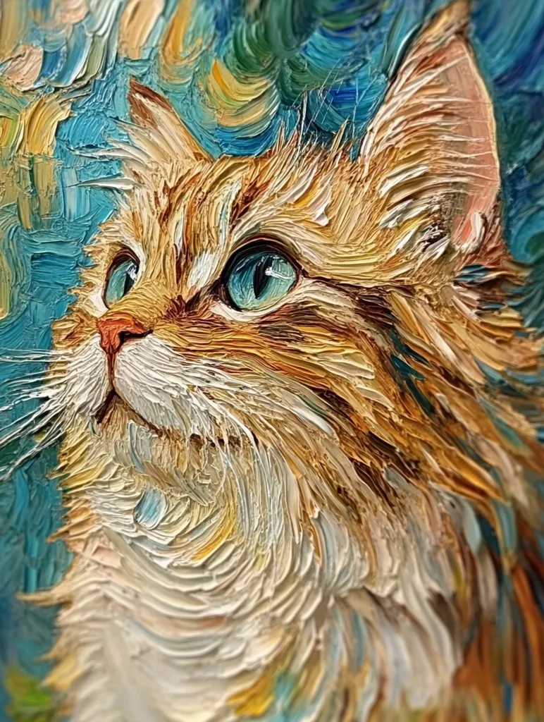 The image is an oil painting of a cat's face. The cat has orange and white fur and large, bright blue eyes. The painting is done in a style reminiscent of Van Gogh, with thick, swirling brushstrokes creating a textured effect. The background is a blurry mix of blue, green, and yellow hues. The cat's expression is one of gentle curiosity. The artist has captured the animal's softness and beauty in a captivating way.