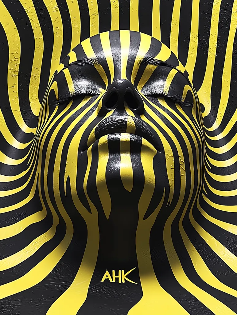 The image features a person's face painted with black and yellow stripes, resembling a zebra pattern. The background also consists of the same striped pattern, creating a hypnotic and symmetrical effect. The person's eyes are closed, adding to the mysterious and abstract nature of the artwork. The initials "AHK" are subtly placed at the bottom of the image.