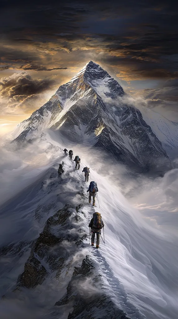 A group of climbers ascend a snow-covered mountain ridge against a dramatic backdrop of a majestic peak reaching into a cloudy sky. The climbers are silhouetted against the bright white snow and the ominous dark clouds, highlighting the harshness and beauty of their journey. The image captures the awe-inspiring grandeur of nature and the human spirit's determination to conquer its challenges.