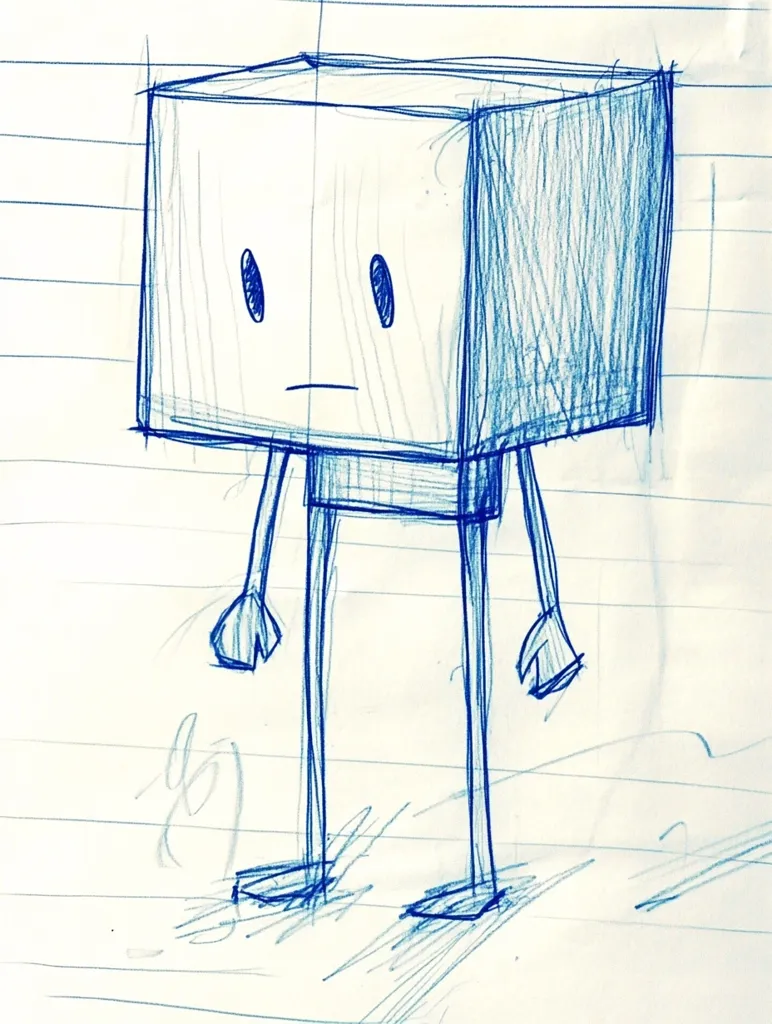 A simple, hand-drawn illustration of a cube-shaped robot with a sad expression. It has two eyes, a frown, and two short arms. The robot stands on two long legs, drawn with lines resembling a stick figure. The drawing is done in blue pen on lined notebook paper.  The overall style is childish and whimsical.