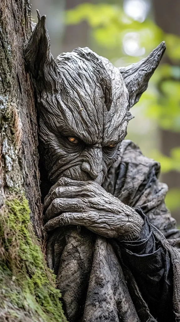 A creature made of wood, with sharp ears and a gaunt, weathered face, sits against a moss-covered tree trunk. The creature's eyes glow with an unsettling amber light as it stares intently at something out of frame. Its hands are clasped in front of its face, and its body is draped in dark, tattered clothing. The overall atmosphere is dark and unsettling, evoking a sense of foreboding.