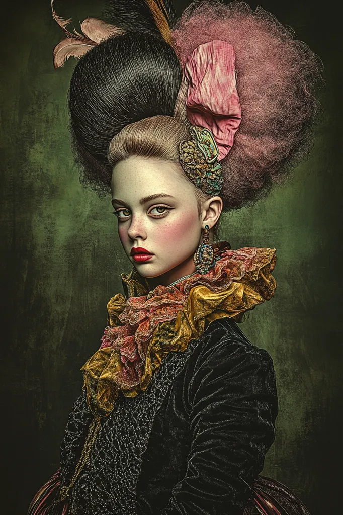 A young woman with a dramatic, elaborate hairstyle and a lavish outfit. The image has a vintage feel, with soft lighting and a muted color palette. The woman's expression is serious and somewhat aloof, adding to the mysterious and elegant aura. Her attire features an extravagant collar with ruffles and embellishments, creating a striking contrast against her dark velvet bodice. The overall image evokes a sense of grandeur and historical charm, reminiscent of a portrait from a bygone era.