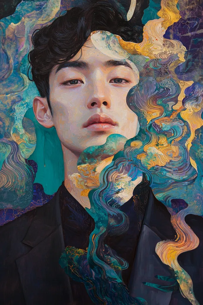 The painting depicts a young man with dark hair and a serious expression. He is wearing a black suit and is partially obscured by abstract, swirling patterns in shades of blue, green, and gold. The composition is close-up, focusing on the man's face and the surrounding patterns, creating a sense of mystery and intrigue. The painting's style is reminiscent of surrealism, blending realism with abstract elements.