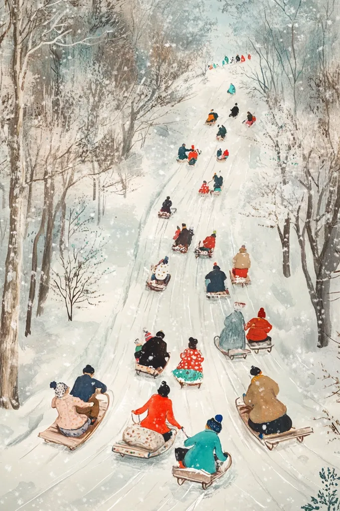 A snowy winter scene with a long line of people sledding down a hill in a snowy forest. The people are dressed in warm winter clothes and are having fun as they slide down the hill. The trees are covered in snow and the sky is a clear blue.  The image is a whimsical and joyful portrayal of winter fun.