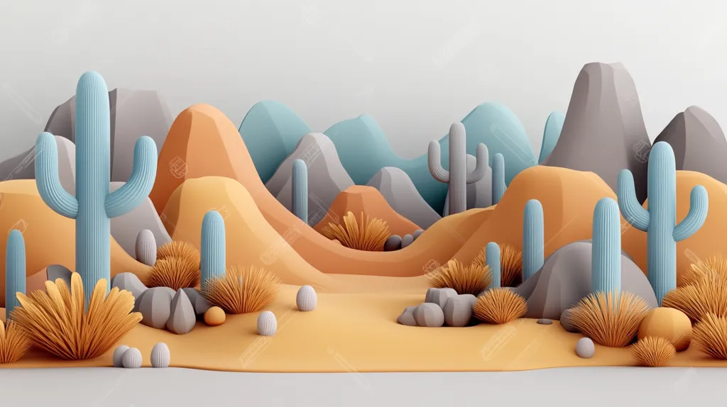 The image is a stylized desert scene with a cartoonish aesthetic. It features large, geometric hills in shades of orange, blue, and gray, with cacti of varying sizes scattered throughout. The cacti are a light blue color and have a simple, geometric design. The ground is a warm, sandy yellow. The scene is brightly lit and has a cheerful, playful atmosphere.