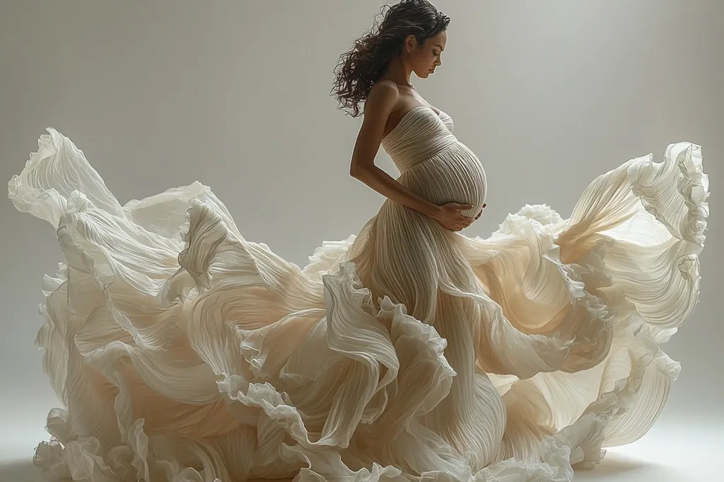 A pregnant woman in a flowing white dress stands against a light background. The dress is billowing around her, creating a dramatic and ethereal effect. The woman has her hand on her stomach, gazing down with a gentle expression.  The soft light and delicate fabric evoke a sense of peace and anticipation.