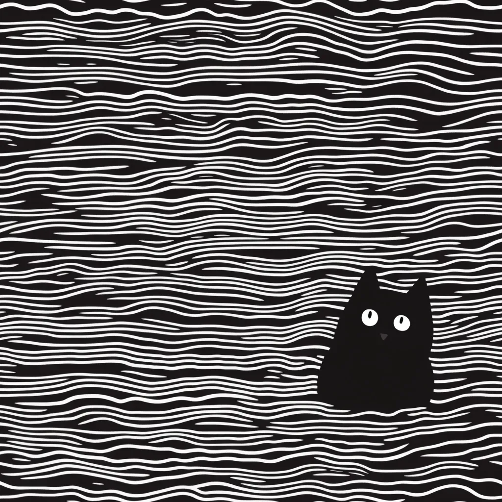 The image is a simple, minimalist design featuring a black cat with large white eyes peeking out from behind a wavy, black and white striped pattern. The black and white stripes are stylized to look like waves. The cat is the focal point of the image, and the stripes create a visually dynamic and somewhat unsettling background. The image has a playful and slightly eerie quality, with a sense of hidden mystery.