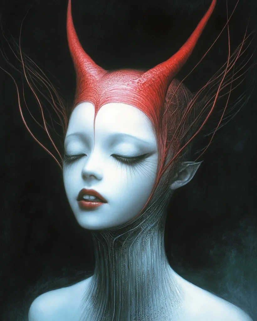 The image portrays a woman with a striking red headdress adorned with two long horns. Her eyes are closed, and her skin appears pale and smooth, with a delicate touch of red lipstick. The intricate design on her neck, resembling veins or lines, adds an ethereal and mysterious quality to her appearance. The background is dark, creating a dramatic contrast and highlighting the woman's features. The overall mood is one of fantasy and mystery, with the woman's expression and appearance suggesting an otherworldly presence.