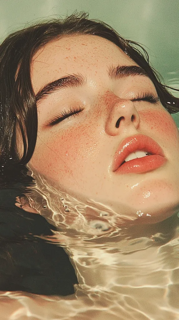 The image is a close-up of a woman's face, partially submerged in water.  Her eyes are closed, and her lips are slightly parted. She has a natural, glowing complexion, with freckles and rosy cheeks. The water creates a shimmering effect, adding a sense of serenity to the image.  The light is soft and warm, casting a golden hue on the woman's skin.  The overall tone of the image is dreamy and peaceful.