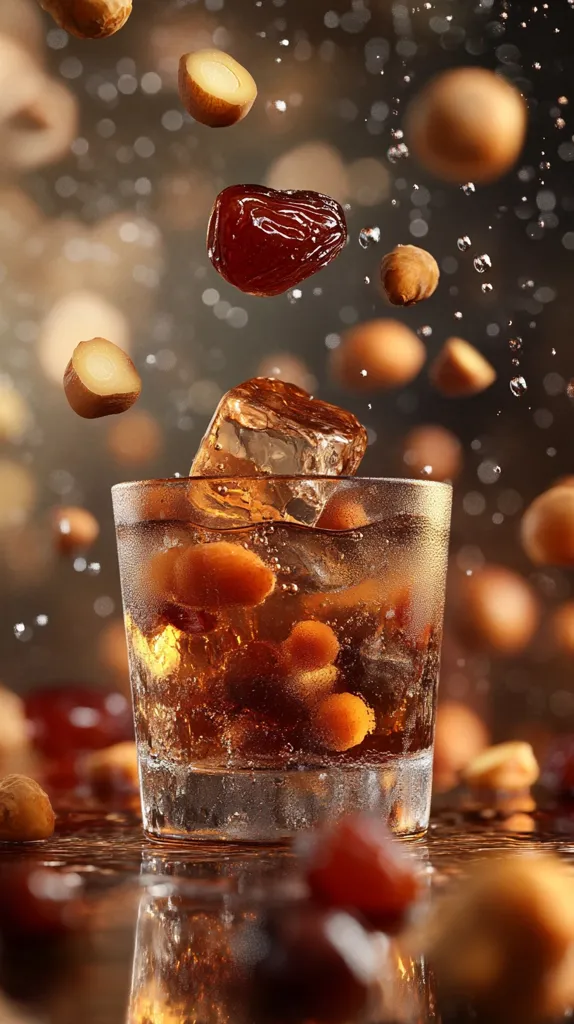 A glass of dark liquid with ice cubes is surrounded by various nuts and dates. Some of the dates are falling into the glass, creating a splash. The background is blurry and has a warm, golden tone. The image evokes a sense of refreshment and indulgence.
