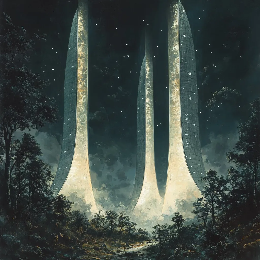 The image depicts three tall, glowing structures, possibly towers or skyscrapers, standing against a night sky dotted with stars. The structures are illuminated from within, casting a warm, ethereal glow. Trees line the foreground and surround the bases of the structures, adding a sense of mystery and scale. The overall atmosphere is dreamlike and surreal.