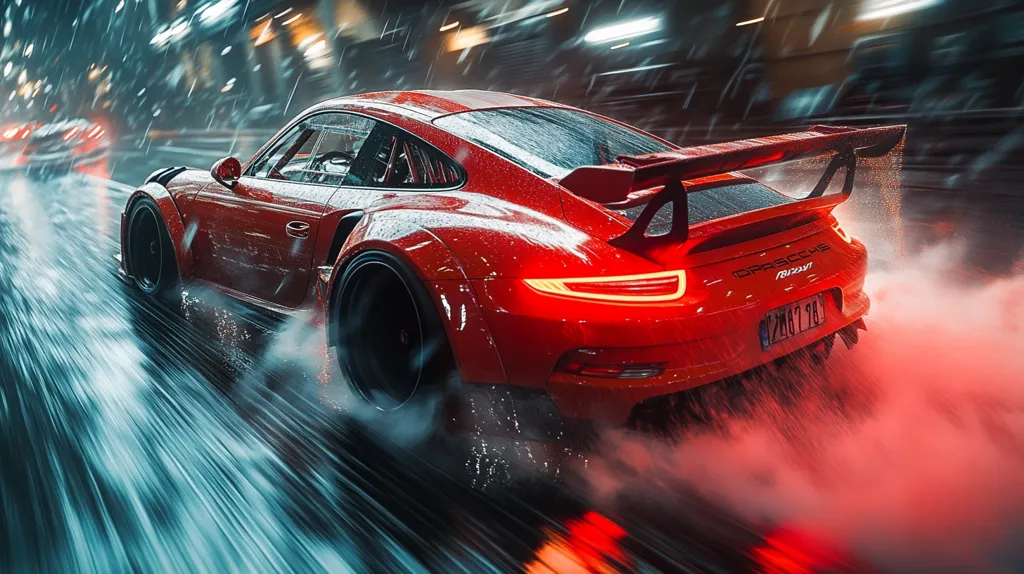 A red Porsche 911 GT3 RS is speeding through a city street in the rain. The car is leaving a trail of water and smoke behind it, and the lights of the city are blurred in the background. The image is taken from a low angle, giving the viewer a sense of speed and excitement.