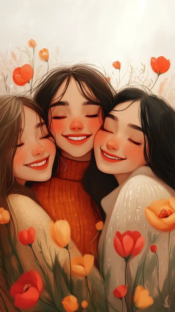 The image depicts three young women, their faces illuminated by a warm, golden light. They are nestled together, their smiles radiating happiness and intimacy. Their expressions suggest a deep connection, emphasizing their friendship. The background is a lush, green field, with vibrant red and orange wildflowers adding a touch of vibrancy and beauty to the scene. The overall impression is one of love, joy, and the beauty of close friendships.