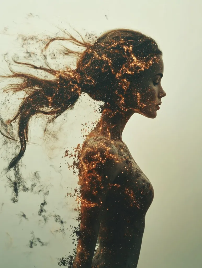 The image depicts a woman's profile, her hair flowing outwards in a wave of golden dust. The ethereal figure is composed of shimmering particles, her form dissolving into the surrounding mist. The soft lighting and muted colors create a dreamlike atmosphere, suggesting a sense of transformation or transcendence.