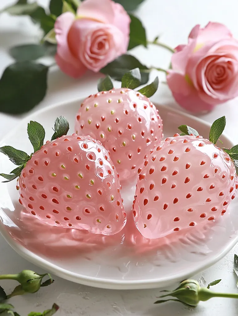 Three pink, translucent, strawberry-shaped desserts are arranged on a white plate. The desserts are adorned with tiny red dots, resembling strawberry seeds. The background features delicate pink roses with soft green leaves, creating a visually appealing and charming scene. The image evokes a sense of sweetness and beauty, highlighting the delicate nature of both the desserts and the flowers.