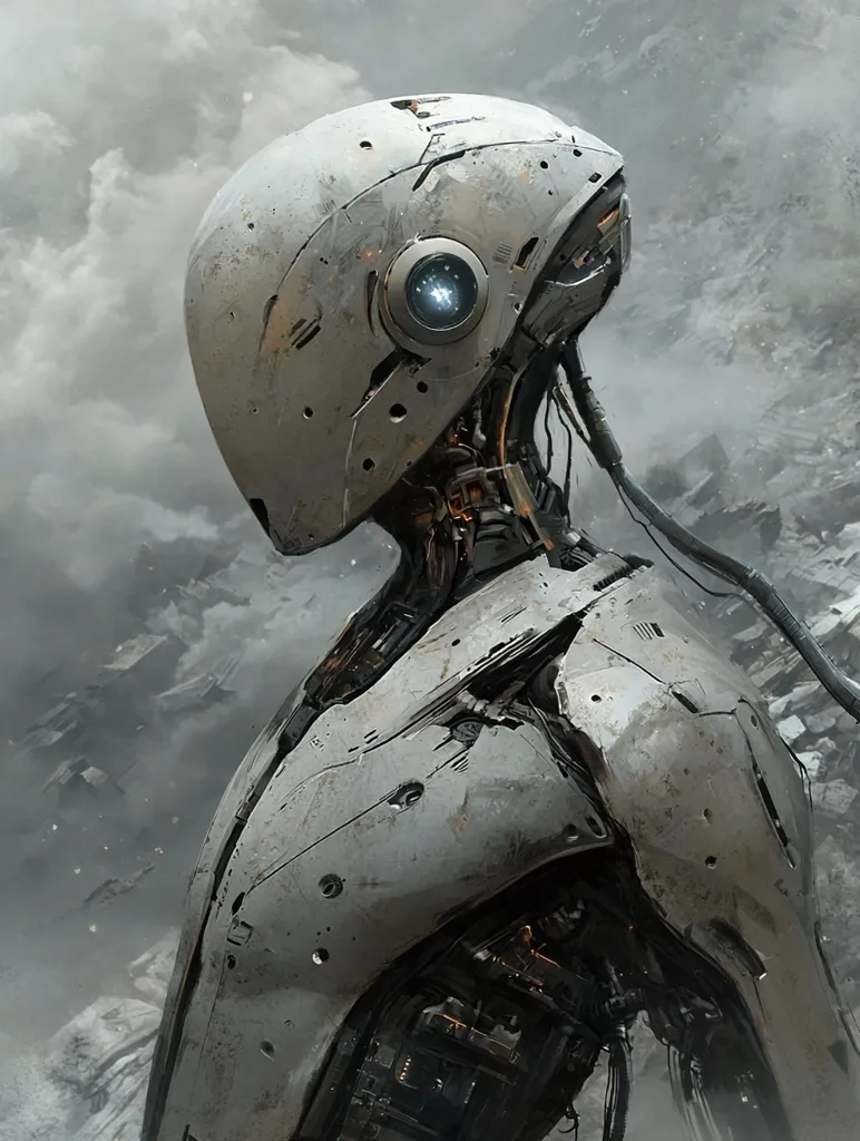 A robotic figure with a weathered, metallic exterior stands against a backdrop of gray clouds and a distant cityscape. Its head is covered by a helmet with a single, glowing blue eye. The robot's body is intricate, revealing exposed gears and wires, suggesting a mechanical and potentially advanced nature. The image evokes a sense of futuristic technology and a potentially dystopian world.