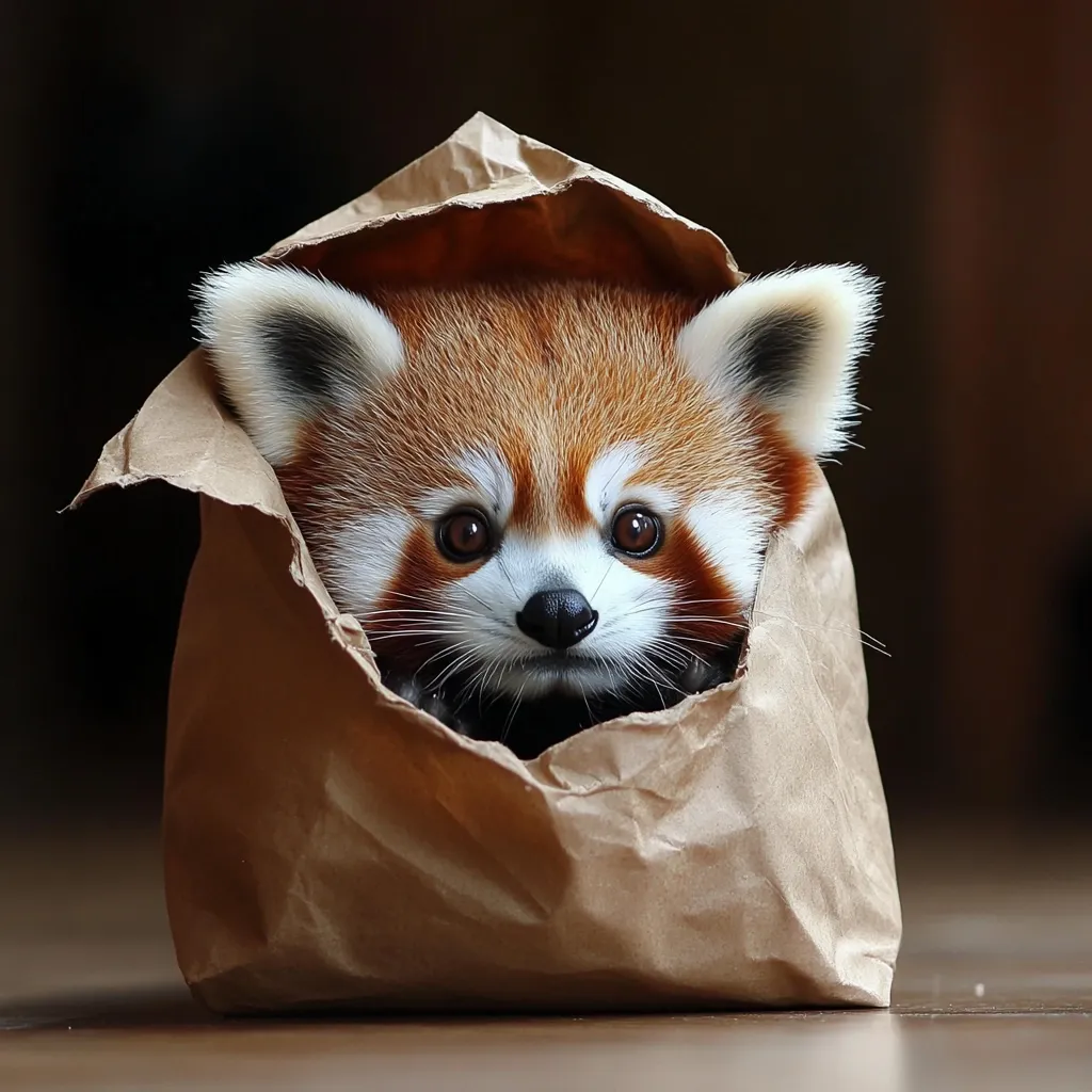 A red panda peeks out from a brown paper bag. Its fur is a mix of reddish-brown and white, and it has big, dark eyes. The panda's nose is black, and its whiskers are visible. The bag is crumpled and worn, giving the image a playful and endearing feel.  The panda's expression is curious and slightly mischievous.  The background is a soft, out-of-focus brown.  The image is taken at a low angle, emphasizing the panda's small size.