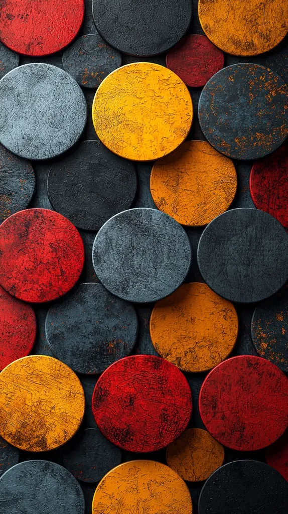 The image is an abstract composition of circular shapes in shades of red, yellow, black and grey. The circles are arranged in a seemingly random pattern, creating a visual illusion of depth and texture. The rough, textured surface of the circles adds a tactile element to the composition. The contrasting colors and shapes create a dynamic and engaging visual experience.