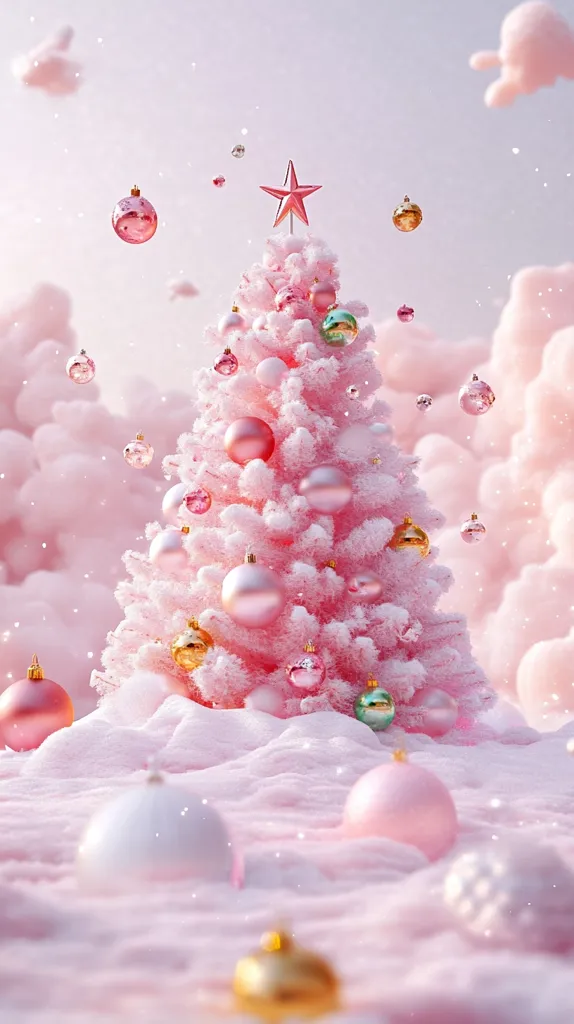 A pink Christmas tree adorned with pink and gold ornaments sits on a fluffy bed of pink snow. The tree is topped with a gold star, and the scene is surrounded by soft, pink clouds. The image evokes a dreamy and whimsical holiday atmosphere.