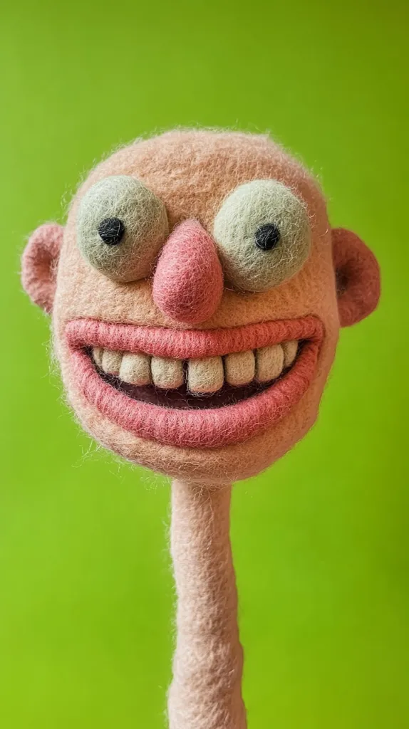 A felt doll with a large, toothy grin. The doll has large, round eyes, a pink nose, and a long, thin neck. The doll is set against a bright green background. The doll’s expression is both cheerful and slightly unnerving.