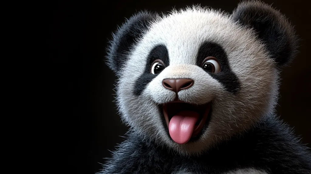 A close-up of a cartoon panda with its mouth open in a wide grin, revealing a pink tongue. The panda has big, round eyes and soft, fluffy fur. The background is a dark, blurry black.  The image is a playful and endearing portrayal of the panda.