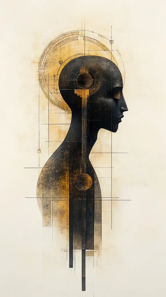 The image is a digital painting of a human head and torso. The subject is in profile and appears to be looking off into the distance. The face is composed of a dark, almost black, shade, giving it a mysterious quality. The head is surrounded by a halo of thin lines and circles, possibly representing a complex web of thoughts or ideas. The body is simplified and depicted as a series of geometric shapes, creating a sense of abstraction and minimal detail. The background is a warm, muted yellow, offering a stark contrast to the dark figure in the foreground. The image evokes a sense of introspection and contemplation, perhaps hinting at the inner workings of the mind.