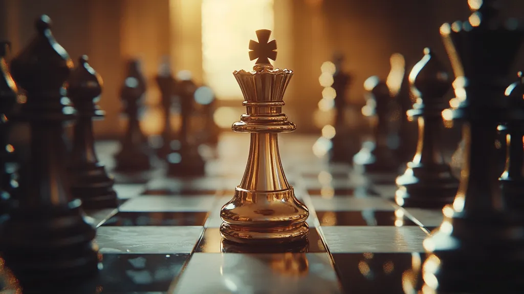 A golden chess queen stands tall and proud in the center of a chessboard, surrounded by black chess pieces. The queen is bathed in warm, golden light, emphasizing her dominance and power. The background is out of focus, drawing attention to the queen's position of strength. The image evokes a sense of strategy and determination, highlighting the queen's role as a powerful and decisive piece in the game of chess.