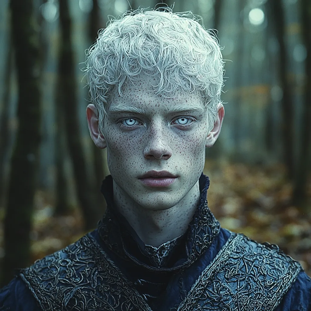 A young man with pale skin and white hair stares directly at the camera. He has striking blue eyes and freckles. He is wearing a dark blue jacket with a silver design, and a dark forest backdrop. His expression is serious and intense. The image is stylized and almost otherworldly.