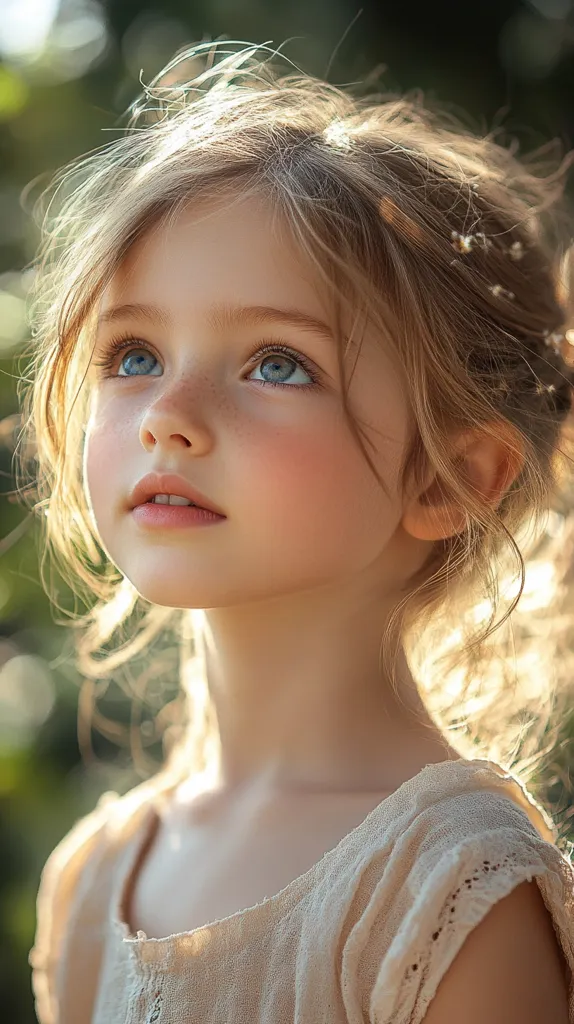 A young girl with long blonde hair and blue eyes looks up at the sky. She is wearing a white dress with lace trim. The sunlight is shining through her hair, making it look golden. She has freckles on her nose and cheeks, and her lips are slightly parted. The background is blurred, suggesting a nature scene. The image evokes a sense of innocence and wonder.