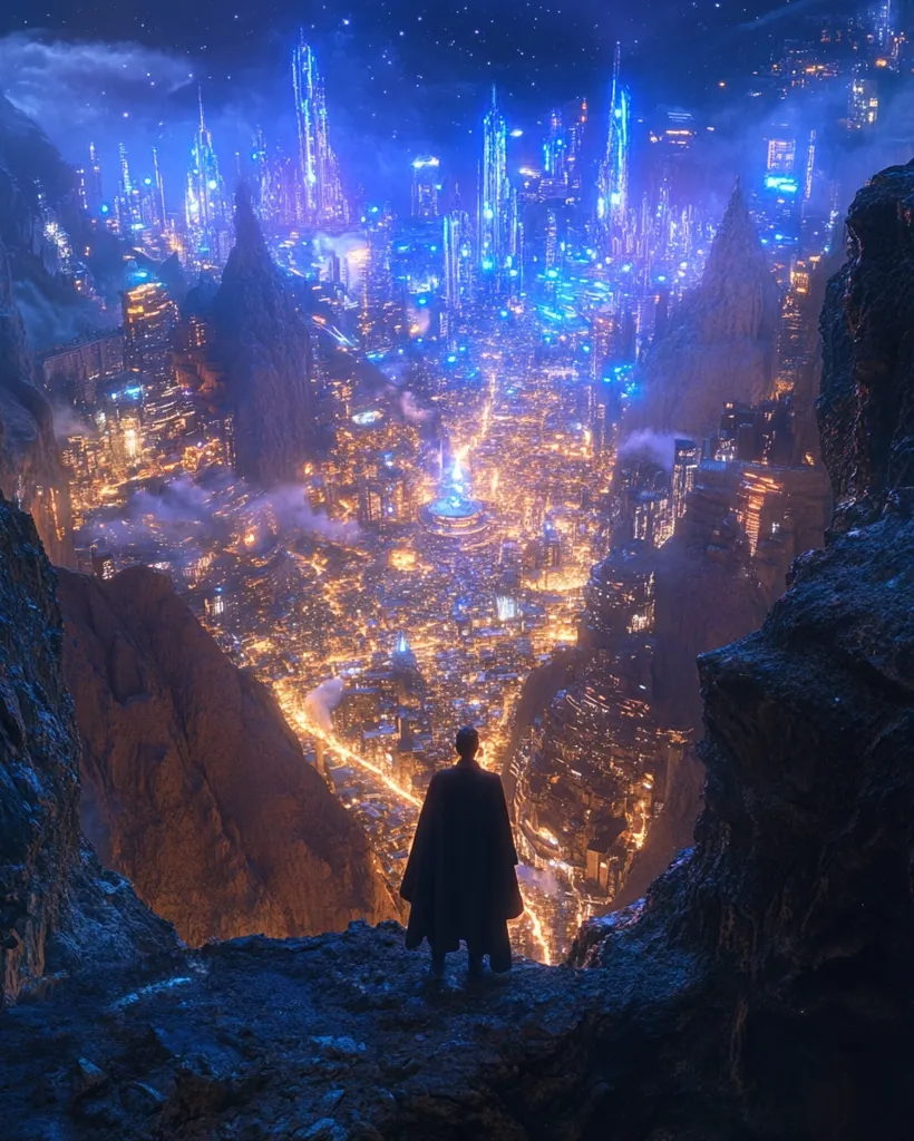 A lone figure in a cloak stands on a rocky cliff, gazing out at a sprawling futuristic city nestled between towering mountains. The city glows with a vibrant mix of blue and orange lights, while the night sky above is dotted with stars. The scene evokes a sense of mystery and wonder, inviting viewers to imagine the stories that unfold within this illuminated metropolis.