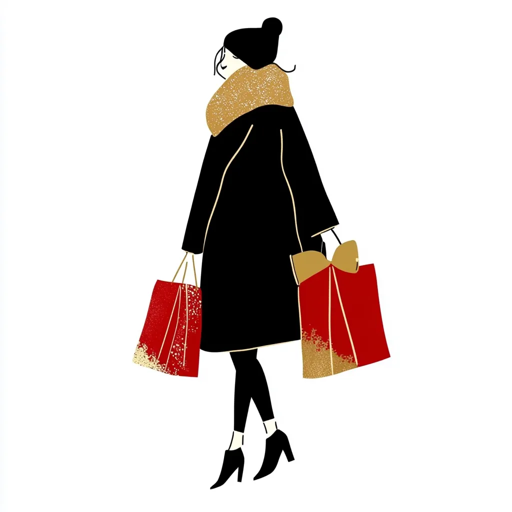 A woman in a black coat with a gold fur collar is carrying two red shopping bags with gold accents. She is wearing black boots and has her hair pulled back in a bun. The background is white. The image is simple and stylish, with a focus on the woman and her shopping bags.