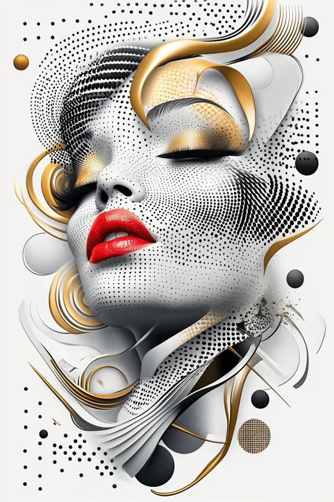 The image is an abstract portrait of a woman's face. Her skin is white, her eyes are closed, and her lips are painted a bright red. Her face is surrounded by swirling black and gold abstract shapes, creating a modern and stylish aesthetic. The use of polka dots adds a playful touch to the composition. The image evokes a sense of mystery and elegance.