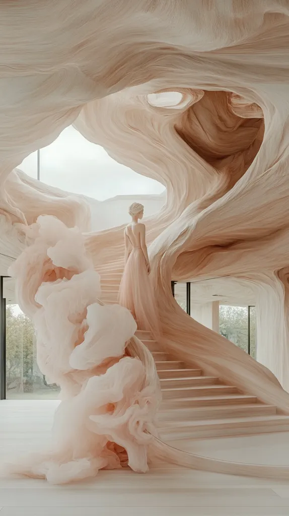 A woman in a flowing pink dress stands on a staircase within a surreal, organic structure. The walls and staircase are formed from a soft, flowing material reminiscent of clouds or sand dunes. The overall tone is ethereal and dreamlike, creating a sense of wonder and fantasy. The light filtering through the structure adds to the dreamy ambiance.