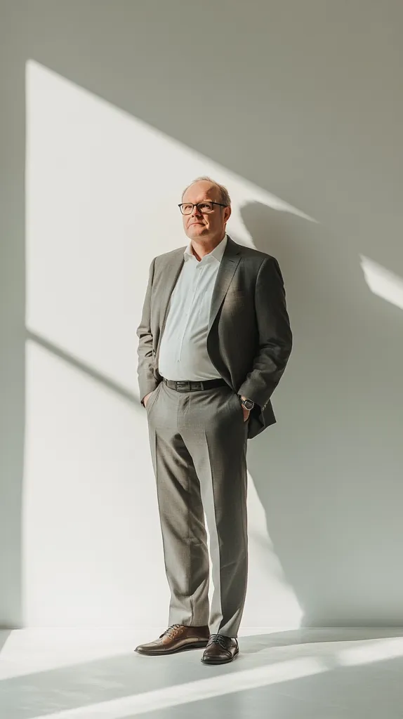 A man in a grey suit and a white shirt stands against a white wall, his hands in his pockets. He is wearing glasses and looking up and to the left. The light is shining through a window behind him, creating a shadow on the wall. He is wearing brown leather shoes.