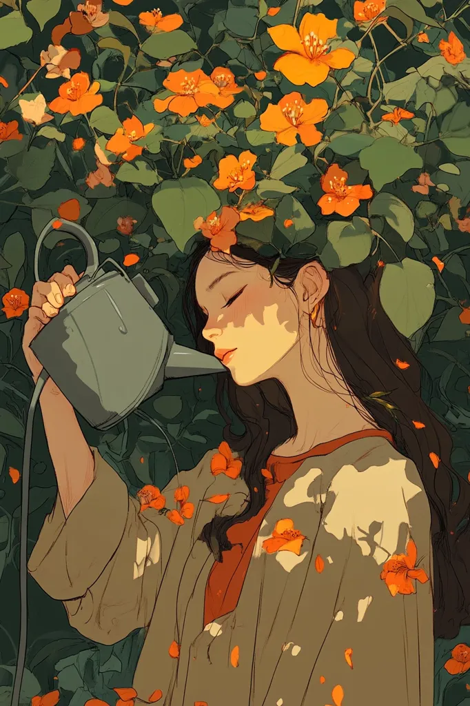 A young woman with long dark hair is lying in a bed of orange flowers. She is holding a blue watering can, and her eyes are closed as if she is dreaming. The flowers are blooming around her, and the leaves are green and vibrant. The sun is shining down on her, casting long shadows. The overall mood of the image is peaceful and serene.
