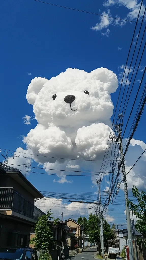 A fluffy white cloud shaped like a teddy bear floats in a bright blue sky. The cloud has black eyes and a cute, smiling mouth. Below, power lines criss-cross over a suburban street lined with houses and trees.  The scene suggests a playful and whimsical day.