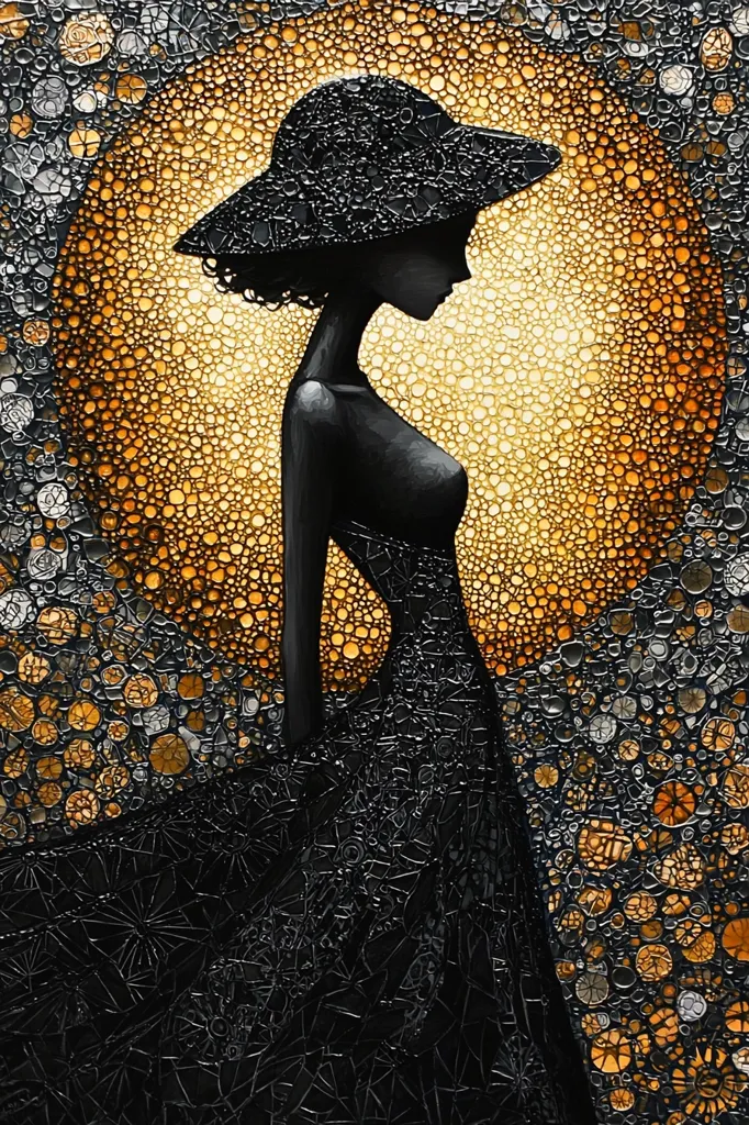 The image is a painting of a woman in a black dress and hat, standing in front of a large, golden circle. The circle is made up of small, circular shapes, giving it a textured look. The woman's silhouette is stark against the bright background. The entire painting has a dark, mysterious feel. The artist has used a unique technique, resembling a mosaic of circular shapes, to create the background.  The woman's face is partially obscured by her large hat, adding an air of mystery to the composition.