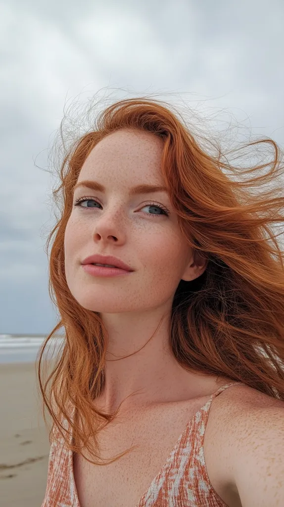 A young woman with long, flowing red hair looks directly at the camera.  The wind has tousled her hair and she is wearing a light-colored sleeveless top.  She has freckles and fair skin.  The background is a blurred image of a beach and cloudy sky.