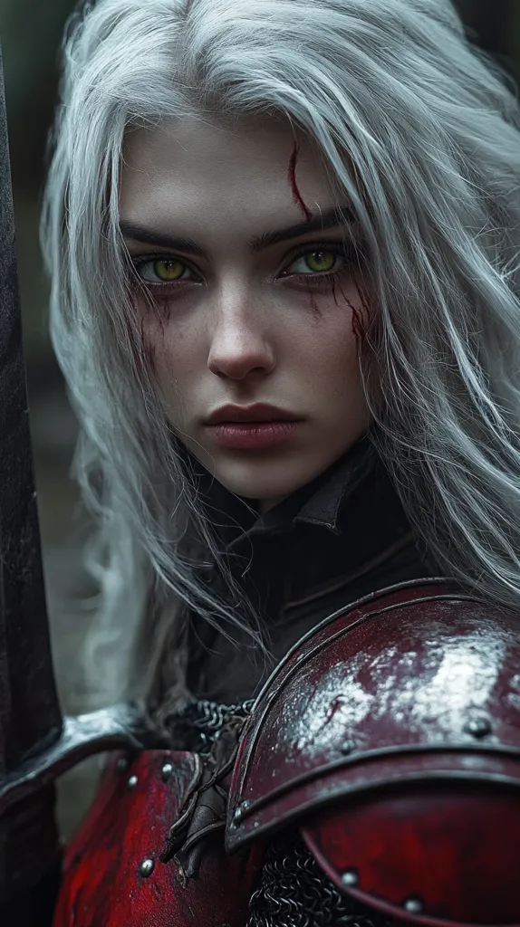 A woman with long, flowing white hair stares intensely into the distance. She has a fierce look on her face and is wearing heavy armor. The image has a dark and gritty feel, as if the woman is a warrior who has seen much battle. There are streaks of blood on her face. The image evokes a sense of power and danger.