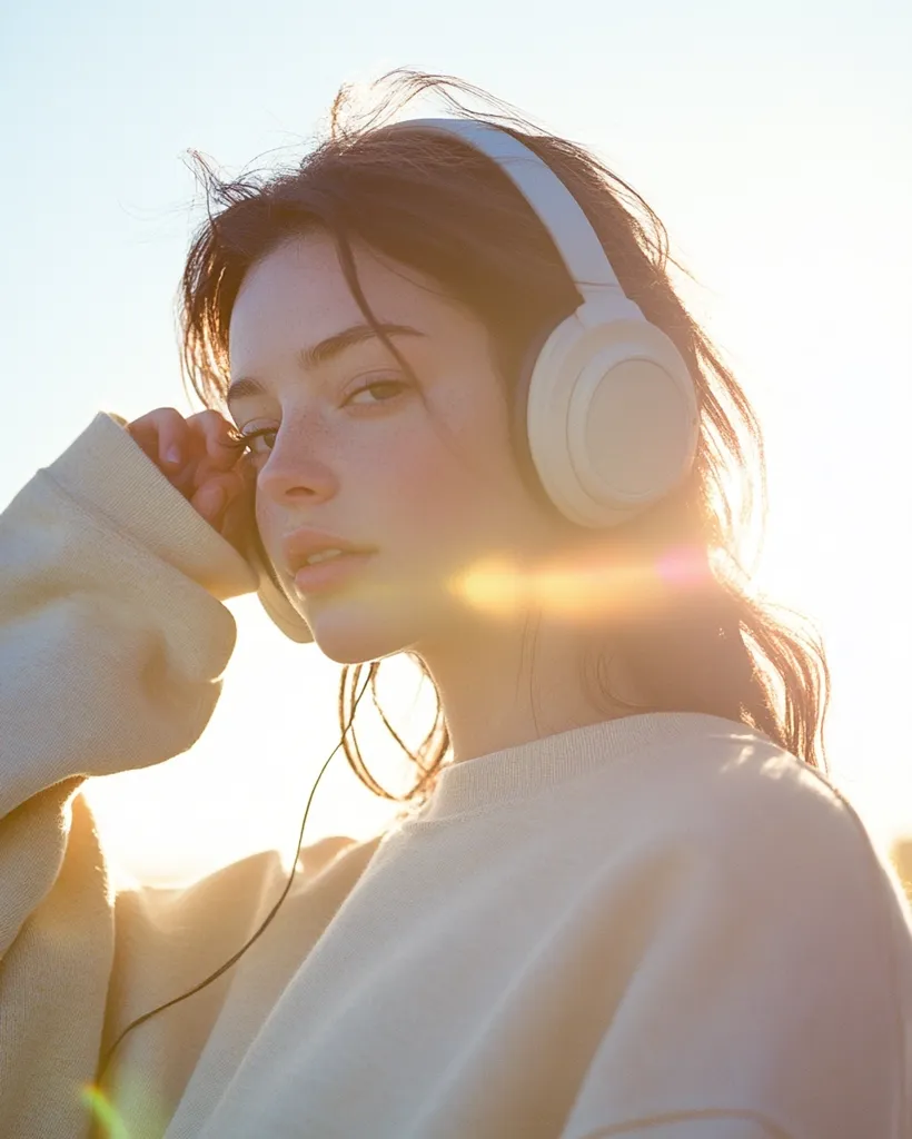 A young woman with long, dark hair wears white headphones and a cream sweater.  The sun shines brightly behind her, creating a warm glow around her face.  She is looking to the side, and her expression is peaceful.  The scene is serene and peaceful.