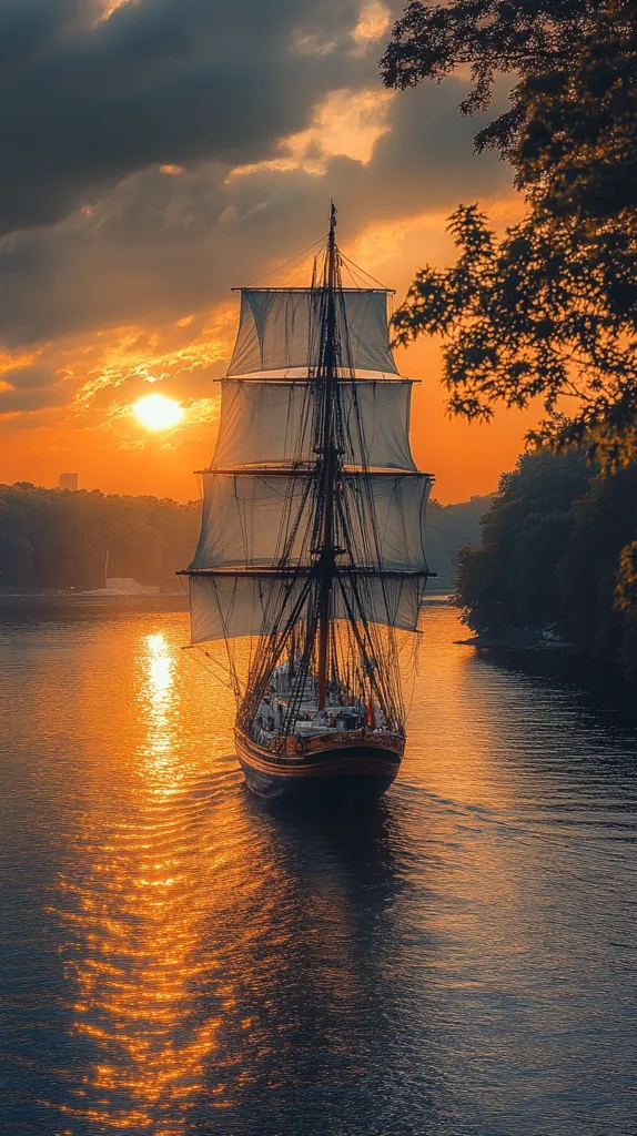 A large sailing ship with white sails glides through calm water at sunset. The sun, a fiery orange orb, hangs low in the sky, casting long shadows across the water. The silhouette of the ship is framed by the golden glow of the setting sun and the dark green foliage of the trees on the banks. The water is a mirror, reflecting the sky and the ship in perfect detail.  The image evokes a sense of peace, tranquility, and a journey coming to an end.