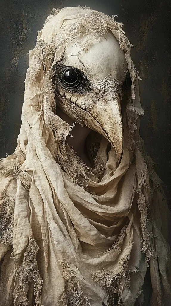 A figure wearing a tattered, cream-colored linen cloak. The figure's face is obscured by a mask depicting a bird's head, featuring a long beak, dark eyes, and a rough, textured surface. The mask's design suggests a mysterious or even ominous presence, adding an element of intrigue and perhaps fear to the image.  The soft, worn fabric of the cloak further contributes to the atmosphere of age and obscurity.  The dark background enhances the stark contrast and emphasizes the mysterious figure.