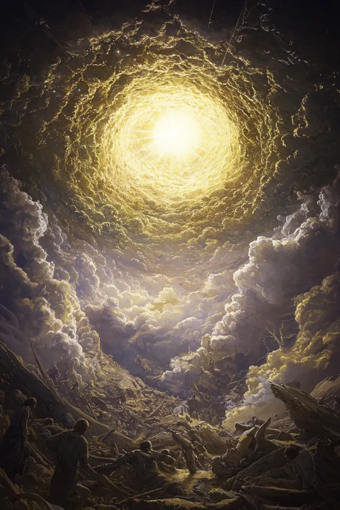 A swirling vortex of clouds, illuminated by a brilliant, golden light, opens up above a devastated landscape.  Silhouettes of figures are scattered throughout the wreckage, looking up at the celestial phenomenon. The scene evokes a sense of both awe and destruction, leaving the viewer to ponder the implications of this dramatic event.  The painting's details and composition create a sense of depth and mystery, drawing the viewer into the scene.