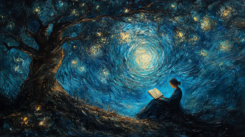A woman sits beneath a large tree, reading a book. The sky is filled with swirling blue clouds and bright stars.  The scene is painted in a style reminiscent of Van Gogh, with thick brushstrokes and vibrant colors. The woman appears small and insignificant against the vastness of the night sky, suggesting the power of the universe.  The painting evokes a sense of wonder and tranquility.