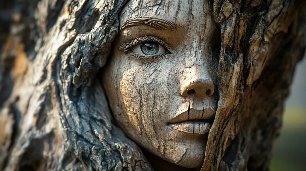A close-up of a wooden sculpture of a woman's face.  The sculpture is carved from a tree trunk and the woman's face is partially hidden by the bark. The woman has a serious expression and her eye is a striking blue.  The sculpture is a beautiful example of the artistry of wood carving.  It evokes a sense of mystery and wonder.  The rough texture of the wood adds to the natural beauty of the piece.