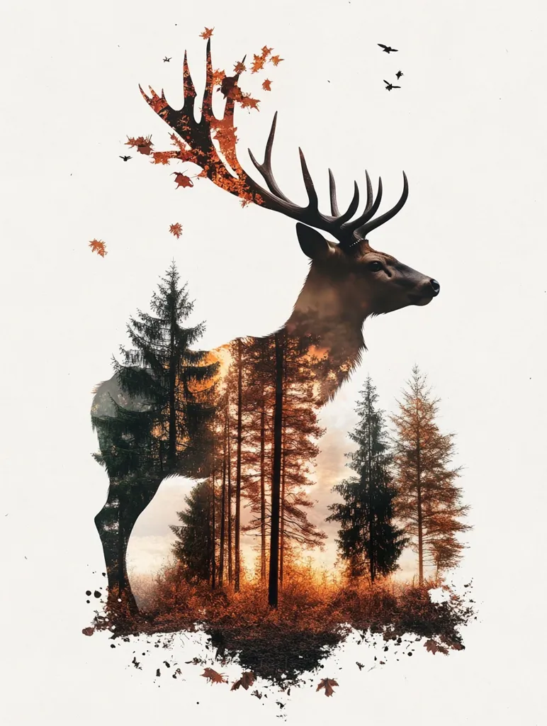 The image is a double exposure of a deer and a forest. The deer's antlers are made up of autumn leaves, and the forest is visible through the deer's body. The background is a white canvas with scattered leaves and a few birds flying in the sky. The image evokes a sense of peace and tranquility, suggesting a connection between nature and wildlife.
