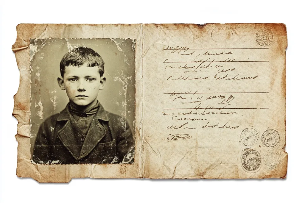 An old, worn, and torn photograph of a young boy in a dark jacket is mounted on a page of what appears to be a passport. The page is filled with handwritten script and old, faded stamps. The image is sepia toned and the paper is faded, making it appear as though the photograph is very old.