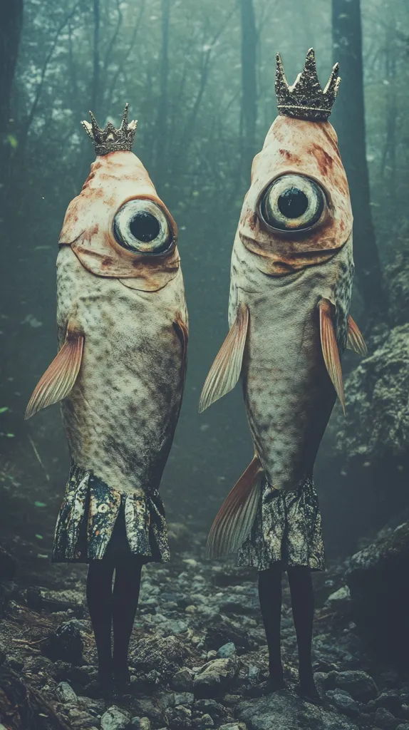 Two anthropomorphic fish, wearing gold crowns and dresses, stand on a path in a misty forest. Their large eyes stare directly at the viewer. The fish appear to be walking on two legs, their tails trailing behind them. The overall tone of the image is eerie and otherworldly.  The dark forest and the fish's intense stares create an unsettling atmosphere.