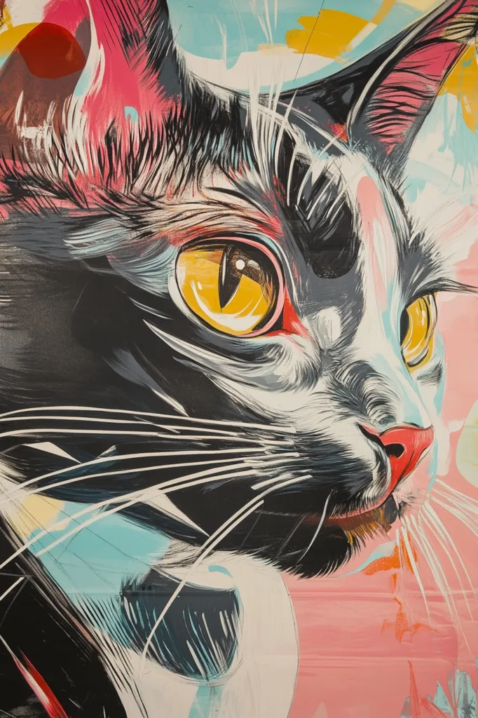 A close-up, artistic depiction of a cat's face. The cat is black and white with bright yellow eyes. The image is painted with bold strokes and vivid colors, creating a dynamic and expressive portrait. The background is a blend of pink, blue, and yellow, adding to the vibrant aesthetic. The artist has captured the cat's gaze and personality in a striking and memorable way.